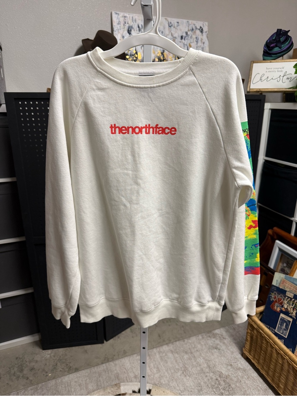 The North Face White Crewneck Sweatshirt with Red Logo Map Sleeve